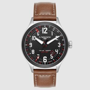 New Torgoen TN-1301 T56 Black Sapphire GMT 44mm Leather Strap Watch
